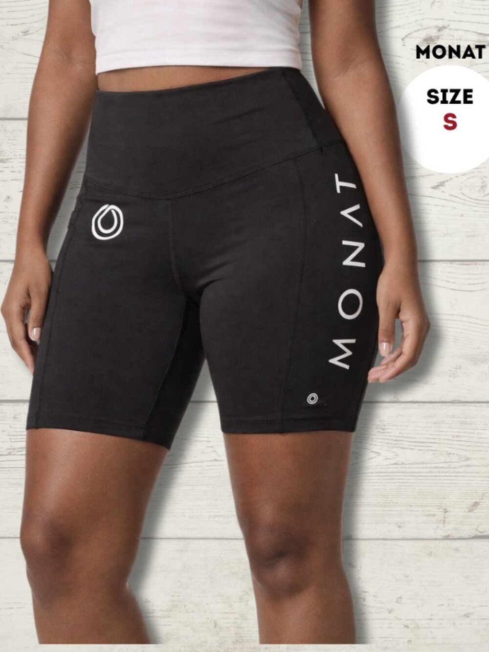 MONAT High-Waisted Biker Shorts – Black – Logo Print – Size Small